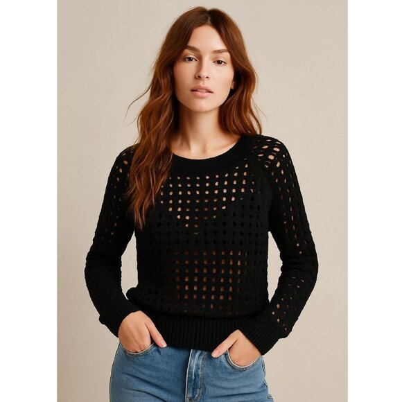 Vince Camuto Open Weave Perforated Knit Sweater Black Size Medium - Picture 1 of 7
